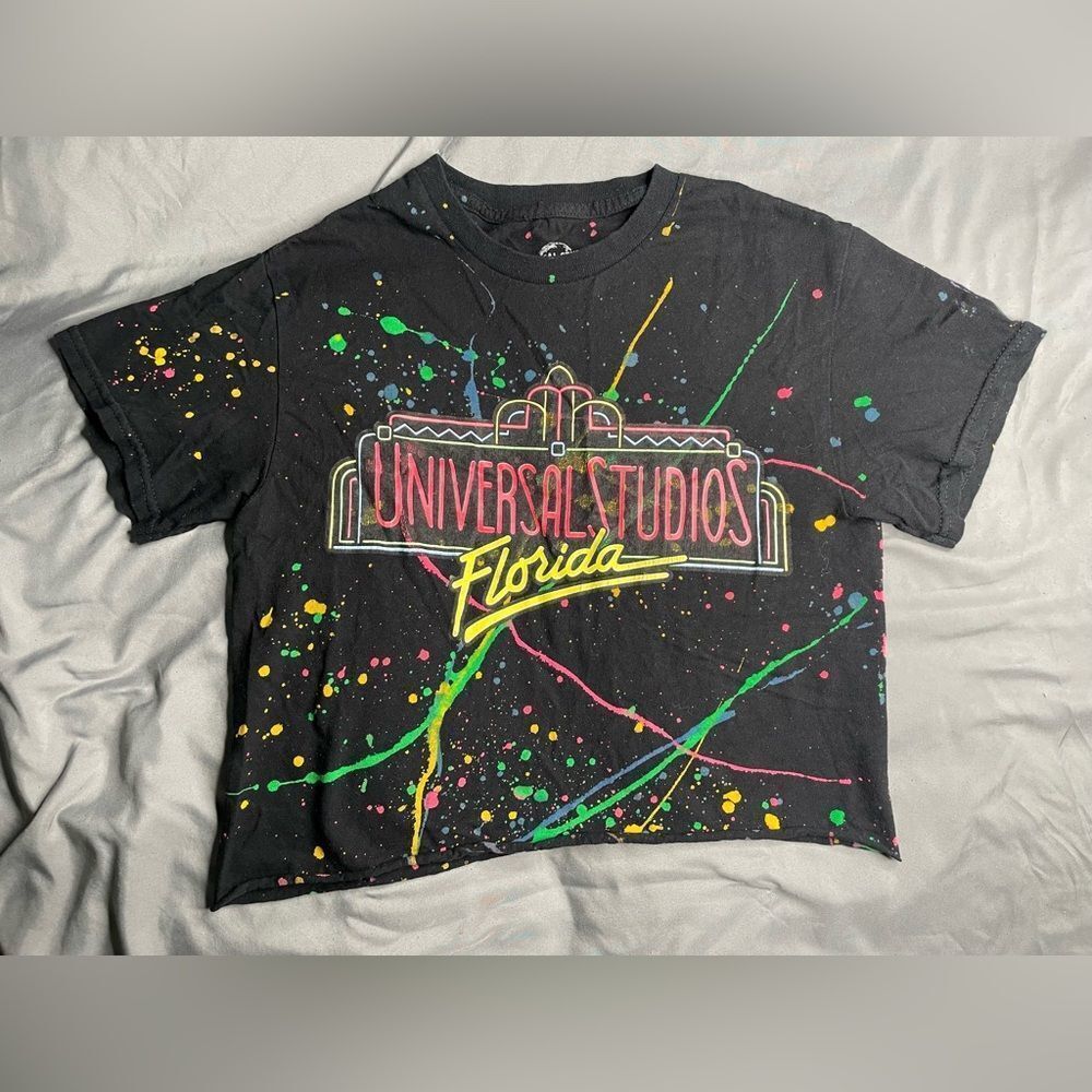 Vintage Universal Studios Kids Black T-Shirt with Colorful Splatter